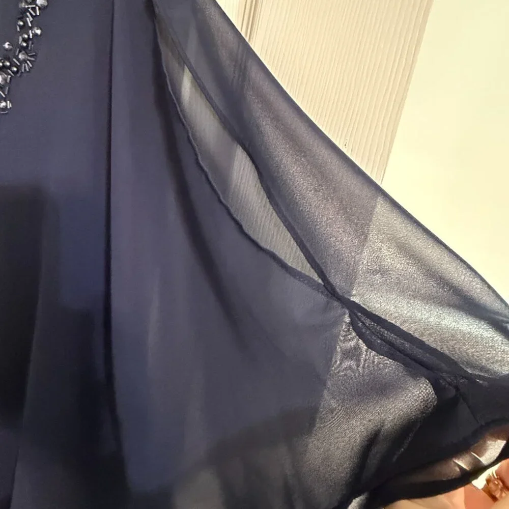 Jeweled V-Neck Chiffon Overlay Flutter Short-Sleeve Navy Blue Shift Dress - Picture 6 of 8
